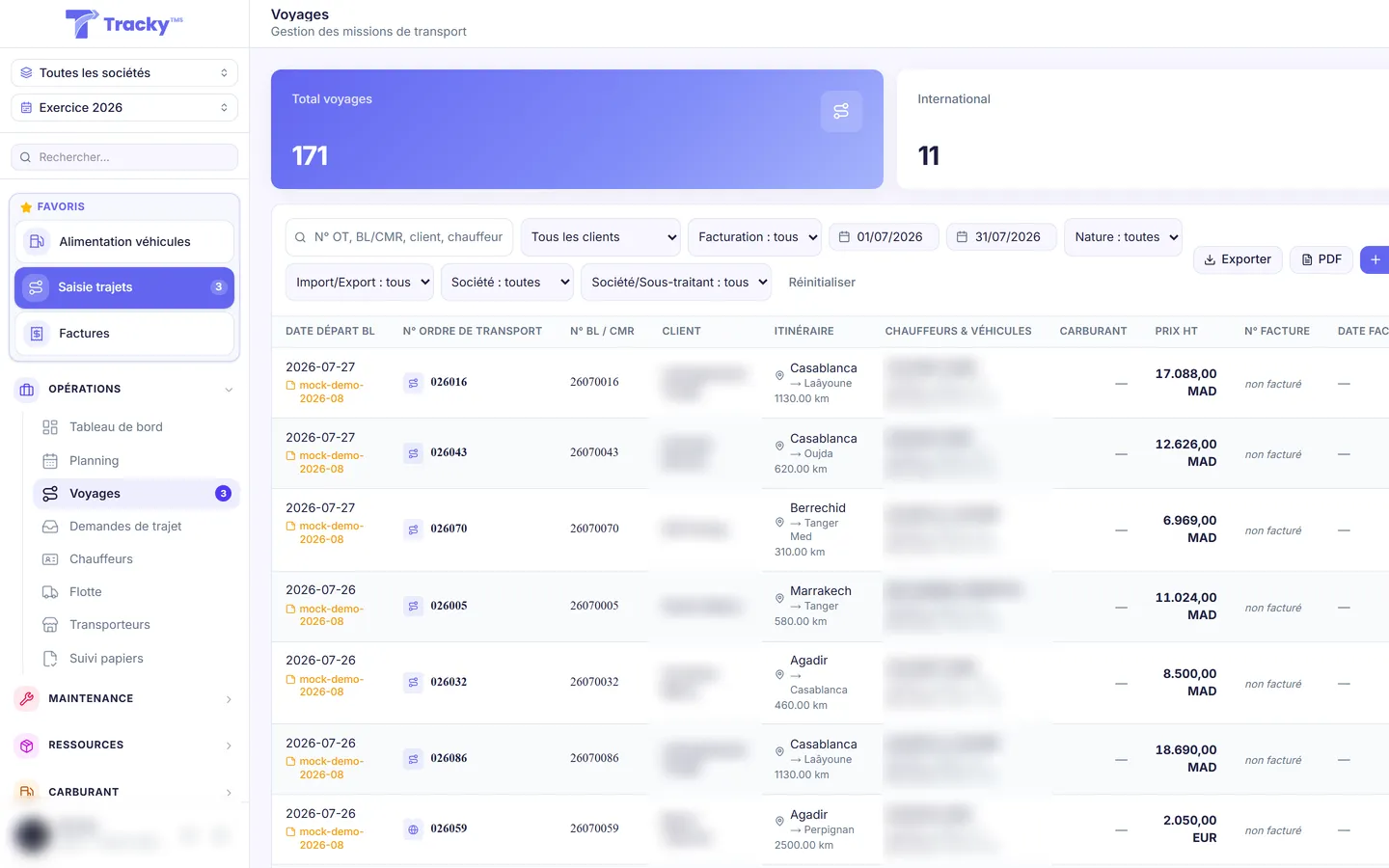 Liste des voyages dans le logiciel d’exploitation transport Tracky TMS : N° d’OT, client, route, chauffeur, véhicule et prix.