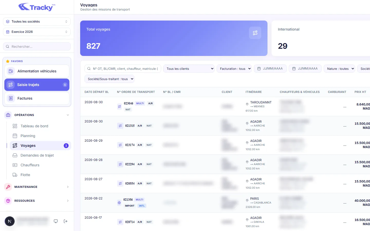 Écran Voyages du TMS transport Tracky : 827 ordres dont 29 internationaux (Paris–Casablanca), prix HT par trajet.